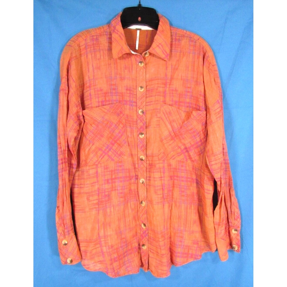 WE THE FREE PEOPLE Orange Plaid SHORE VIBES Button-Up Shirt/Top SWING BACK HEM M